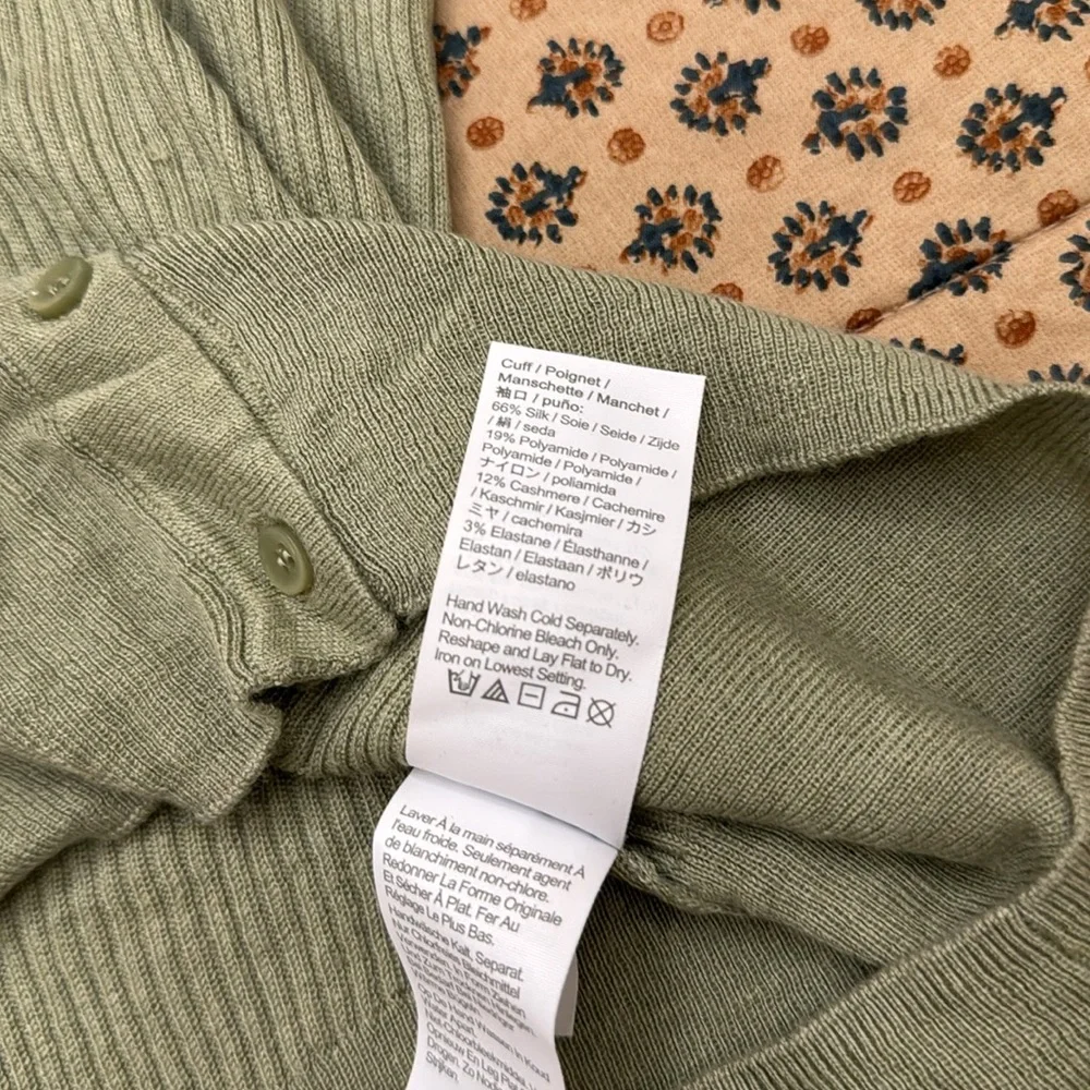 J. Crew green ruffle silk/cashmere blend button front ribbed cardigan size M